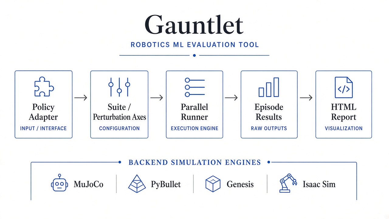 Gauntlet architecture: Policy Adapter to Suite to Runner to Report, with MuJoCo, PyBullet, Genesis, and Isaac Sim backends