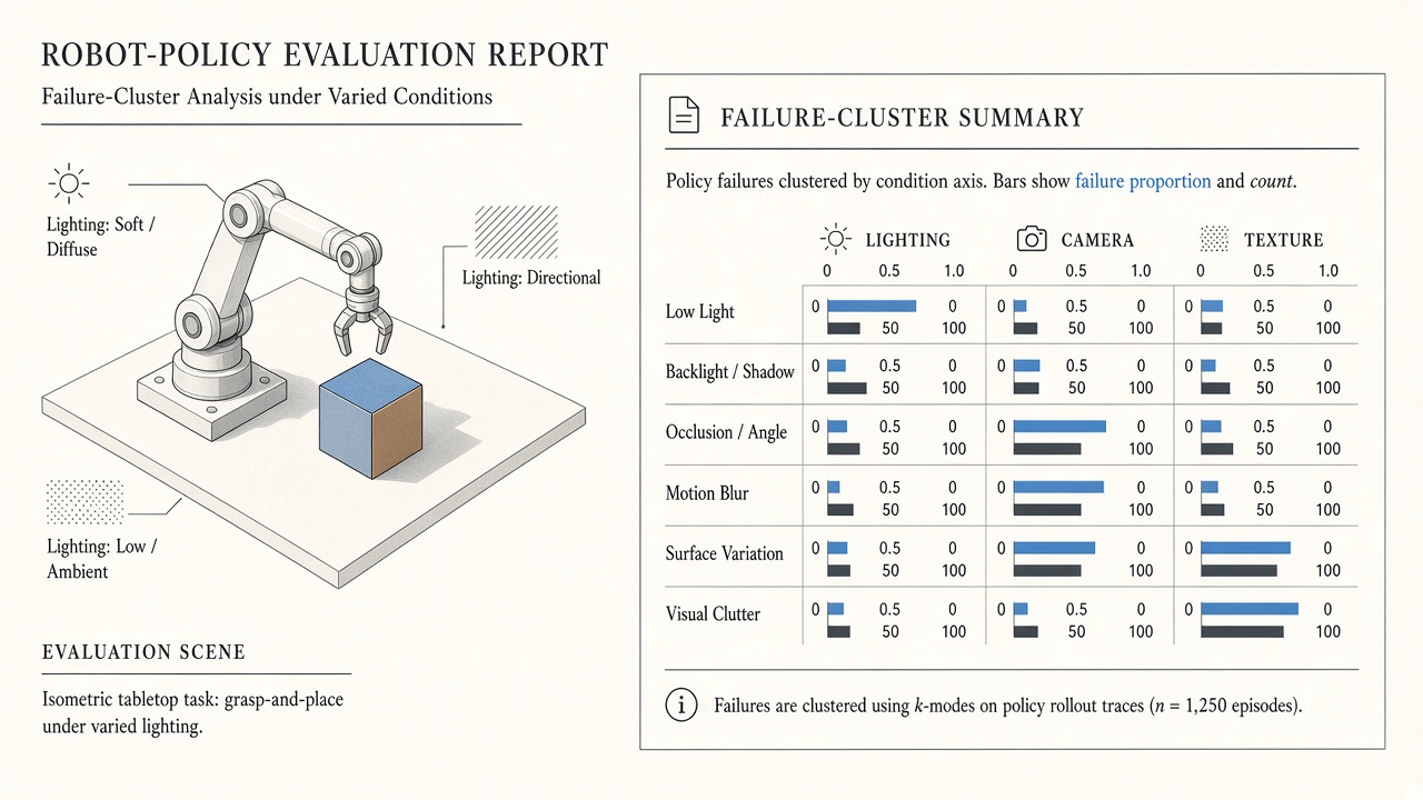 Concept illustration of Gauntlet failure-cluster reporting next to a tabletop robot scene